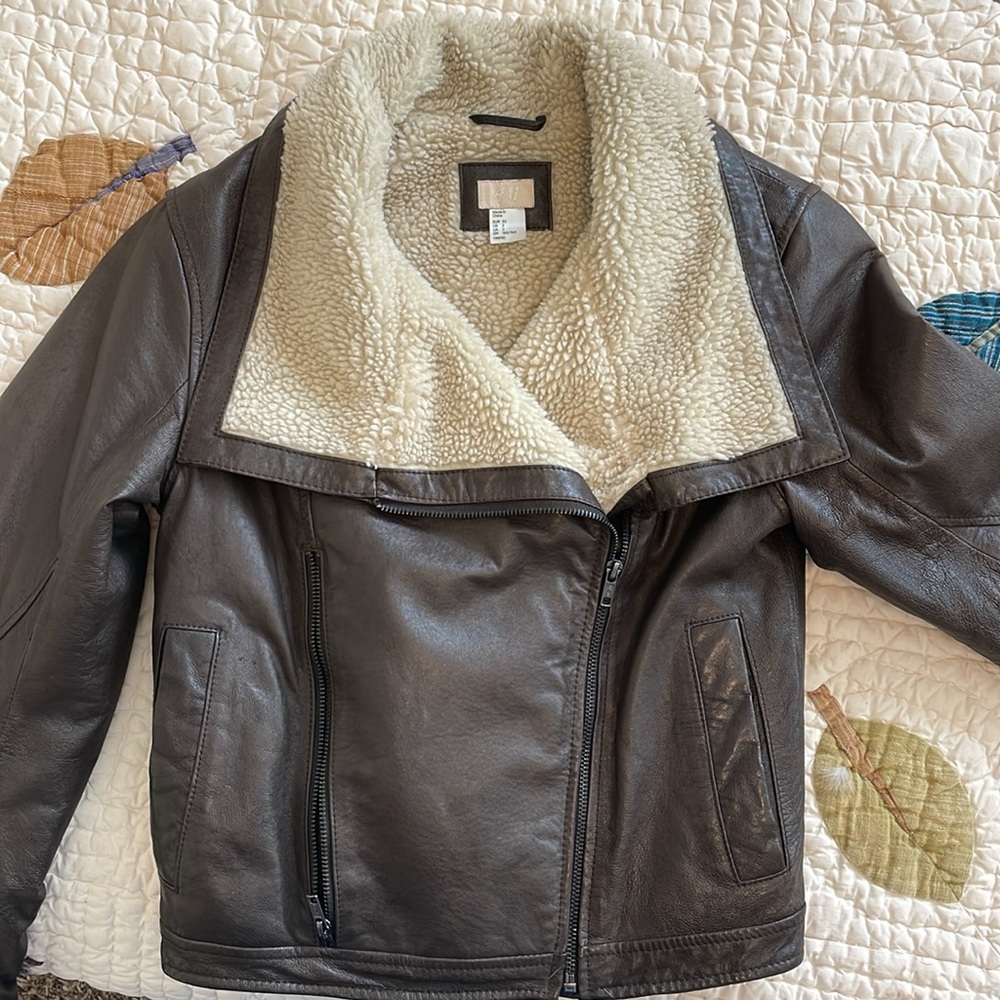 Brown Leather Shearling Lined Biker Jacket - image 2